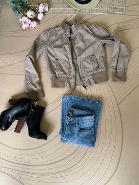 Light Brown Women's Bomber Jacket - Casual Zip Front